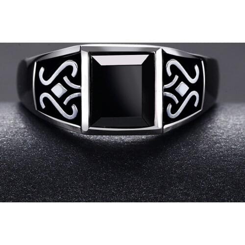 Mens Black Zircon Rings Domineering Silver Plated Square Gems Wedding Rings Engagement Jewelry Anniversary Promise Ring Gifts