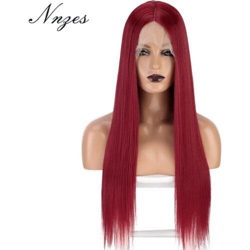 NNZES 24inches Long Straight Lace Front Red Synthetic Wig Middle Part Wigs for Women Black 60 613 Color Hair Heat Resistant Fibe