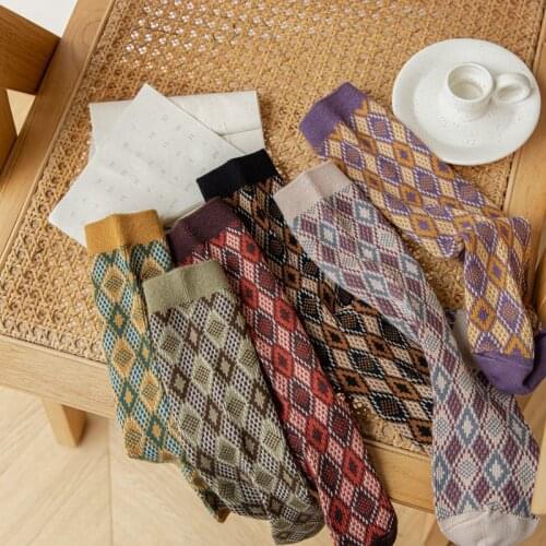 10 Pairs Women Socks Fall/winter Korean Socks Small Diamond Pattern Socks Ins Trendy Long Socks For Ladies Girls Cotton Socks