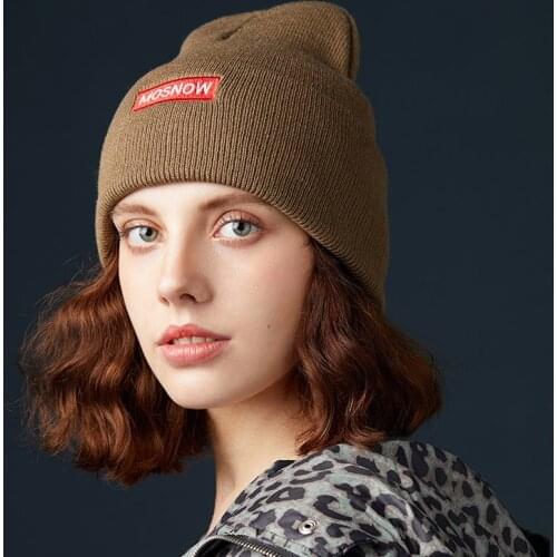 New all-match flat needle acrylic wool hat, letter mosnow embroidery thickened warmth female hooded hat trend