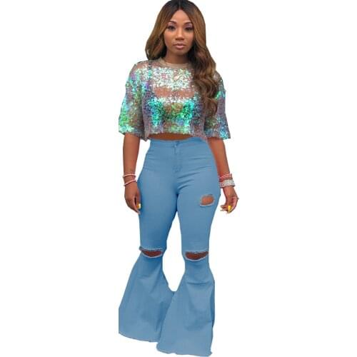 Casual Women Ripped Denim Jeans Flare Pants Hollow Out High Wiast Solid Color Trousers Streetwear Femme Outfit