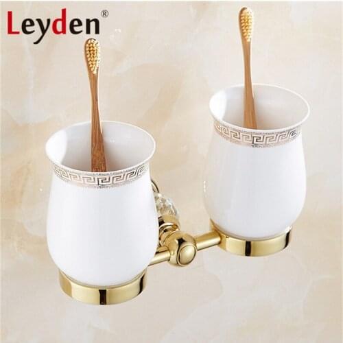 Leyden Luxury Crystal Toothbrush Holder Chrome/ Gold Wall Mounted Cup/ Tumbler Toothbrush Holder Double Cups Bathroom Accessory