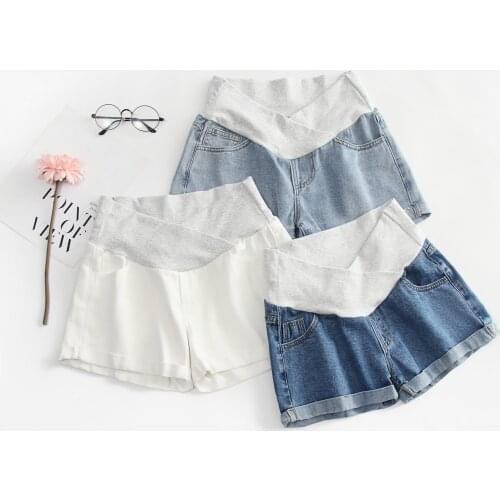 Pregnant Womens Shorts Pants Summer Maternity Low-Waisted Denim Pregnancy Casual Loose Roll-up Clothes Blue White Trousers