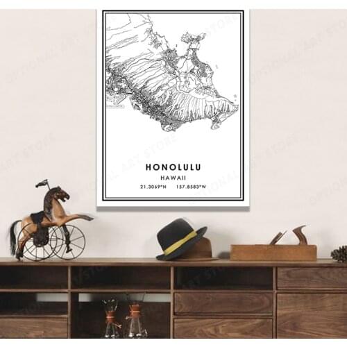Modern Creative Canvas Painting with HONOLULU Map City Art Printed Poster for Nordic Home Living Room Decoration