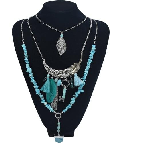 European And American Fashion Retro Turquoise Necklace Leaf Tassel Sweater Chain Bohemian Multi-Layer Necklace Jewelry Accessori