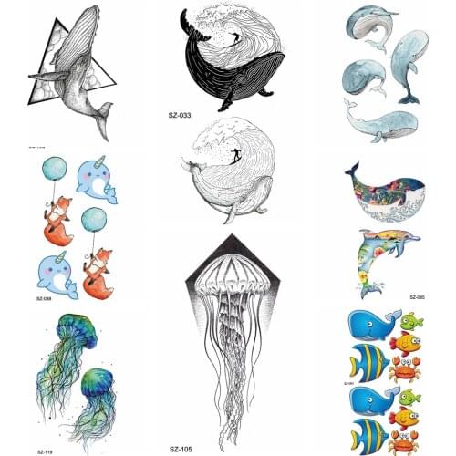 Flash Whale Temporary Tattoo Women Arm Stickers Cartoon Unicorn Children Flash Tatoos Sea Waves Kid Cute Ocean Fish DIY Paste