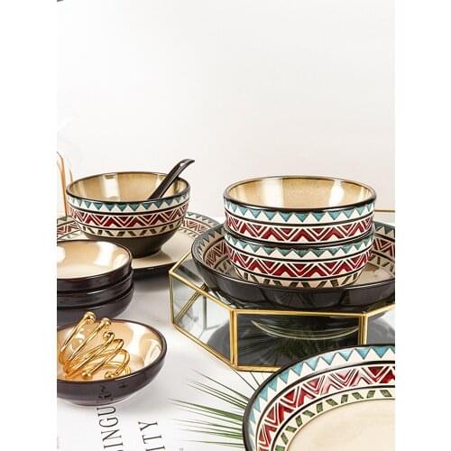 Yuquan regor ethnic style retro bowl set Bohemian bowl dish combination ceramic tableware family 4 people
