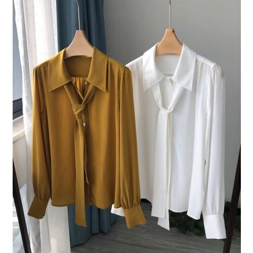 Women Shirt 2021 New Low Key French Retro Elegant Comfortable Silk Blouse with Ribbons