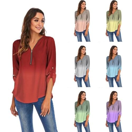 Blouse Women New Fashion 2021 v-neck Zipper Can Armbands Gradient Printing Loose Chiffon Blouse Blusas Dropshipping YFF6316