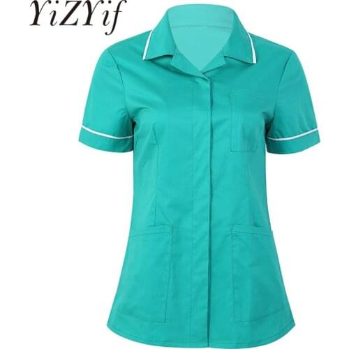 Women Healthcare Tunic Turn-down Collar Short Sleeves Button Down Hospitality Maid Nurses Cares Therapist Dentist Uniform Tops
