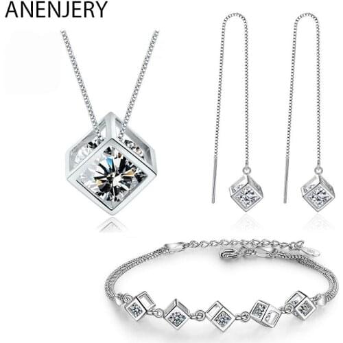 925 Sterling Silver Luxury Shiny Square Cube Necklace Earrings Bracelet For Women Gift Zircon Anniversary Gift