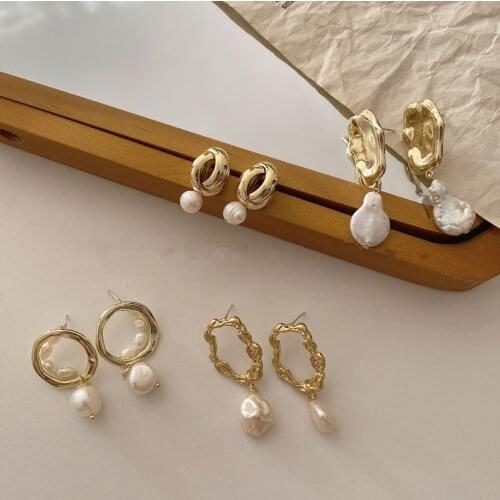 AOMU 1Pair Korean Retro Luxury Natural Pearl Handmade Geometric Drop Earrings Temperament Female Party Jewelry Gifts