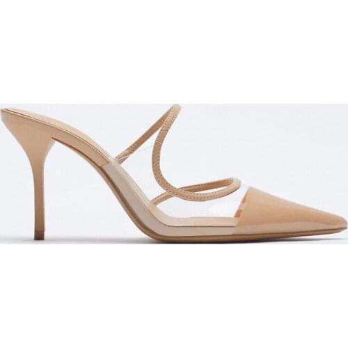 Womens Shoes Spring Nude Color PVC Transparent Pointed Toe Temperament Patent Leather Stitching Shallow Mouth Stiletto Sandals