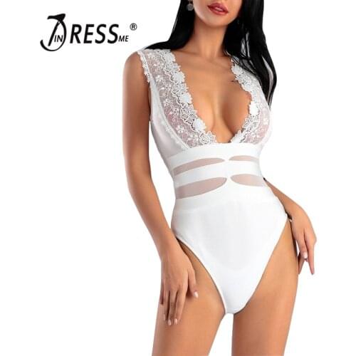 INDRESSME 2019 New Women Solid White Lace Up Hollow Out V Neck Floral Sexy Club Sheath Short Lady Fashion Bodysuit
