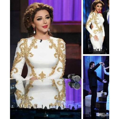 2020 Long White Satin Myriam Fares Arabic Muslim Evening Dresses with Long Sleeves Vestidos Longo Beading Formal Gowns