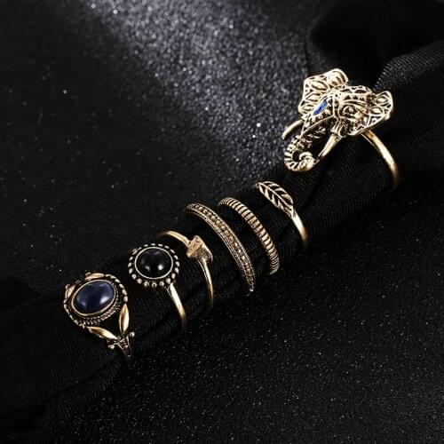 7 Pcs/set Bohemian Retro Gold Geometric Elephant Rings For Women Vintage Metal Alloy Acrylic Rhinestone Ring Set Wedding Jewelry
