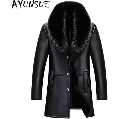 AYUNSUE Winter Leather Jacket Men Clothing Fox Fur Collar Wool Liner Mens Sheepskin Coat Plus Size 4xl Chaquetas Hombre 2020