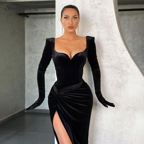 Elegant Party Club V-Neck Dress Cotton Autumn 2021 Black Velvet Sexy Split Dresses Gloves Sleeve Fashion Gown Midi Dress Women