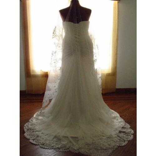 HOT one layer White ivory wedding veil lace edge Cathedral Lehgth Beaded without comb Bridal veil