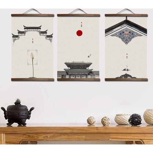 Chinese Traditional Building Flower Canvas Home Decoration for Living Room Wall Art Picture Poster Wood Scroll Paintings Decor