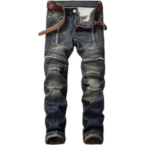 Trendy Straight Leg Mens Stacked Jeans Punk Vintage Biker Zipper Pocket Motorcycle Pants Fashion Patchwork Male Denim Trousers