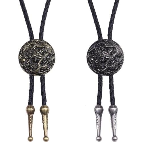 Chinese Style Dragon Pendant Bolo Tie for Men Vintage Ethnic Necklace Leather Rope Shirt Collar Bowtie Neck Ties Cowboy Jewelry