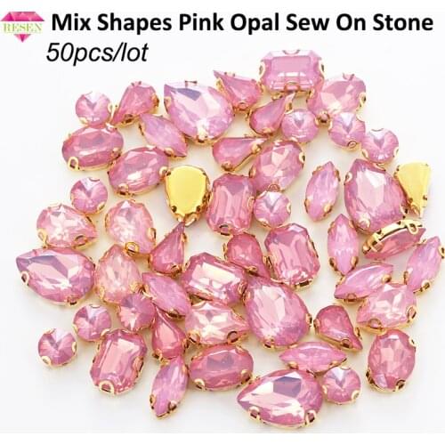 RESEN 50PCS Mix Shapes Top Resin Flatback Sew On Stones With Gold Bottom Claw Set Pink Opal Rhinestones DIY Clothing Accessories