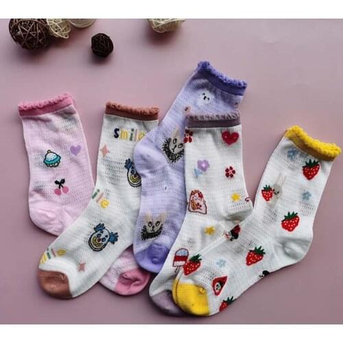 Spring Summer Edge Cute Socks Woman Thin Mesh Breathable Heap Heap Strawberry Animal Kawaii Sweet Funny Calcetines Mujer