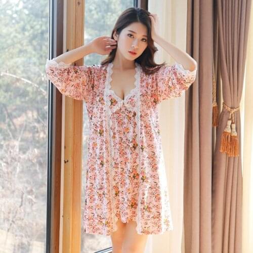 Sexy womens Two Pieces Nightwear Robe Set Free Shipping 2016 Cotton Flower Cute & Princess Mini Sleepwear Wholesale Price Hot