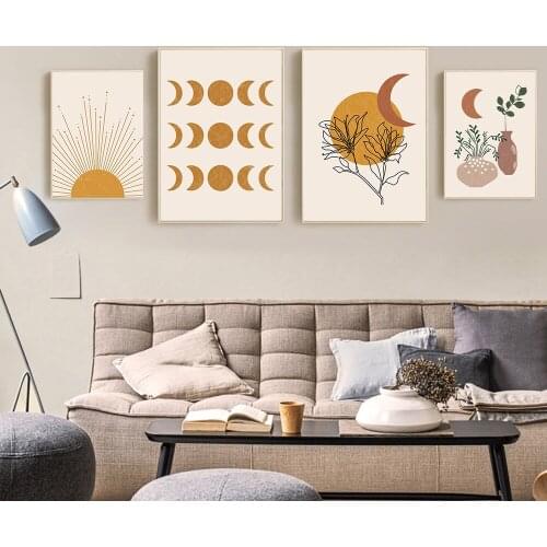 Boho Sun Moon Wall Art Poster Leaf Flower Plant Lines Drawing Canvas Painting Abstract Geometry Arch Art Print Nordic Home Decor