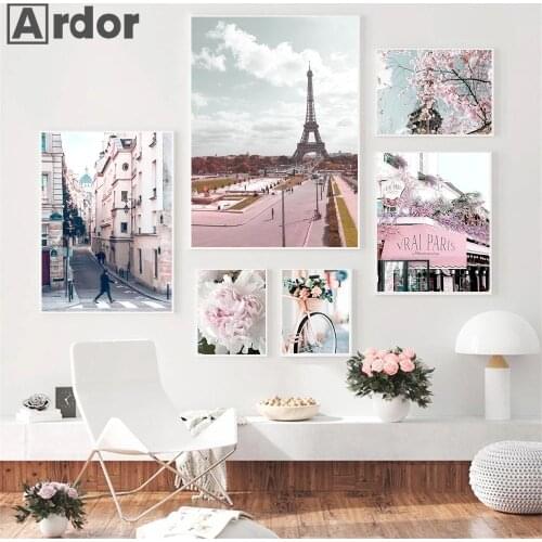 Nordic Pink Flower Poster Eiffel Tower Art Print Landscape Quotes Wall Art Canvas Painting Modern Picture Living Room Home Decor