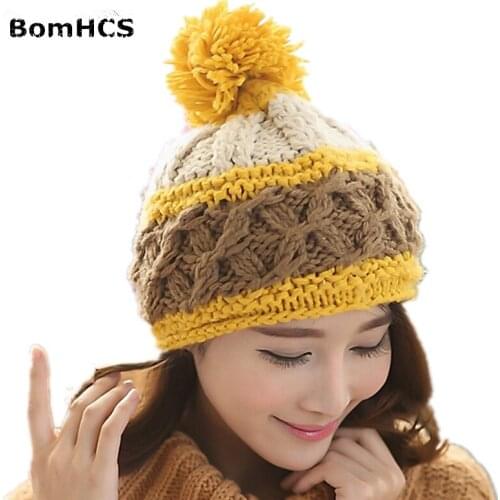 BomHCS Autumn Winter Warm Girls' Hat New Style Handmade Knitted Beanie (Tricolor Stitching)