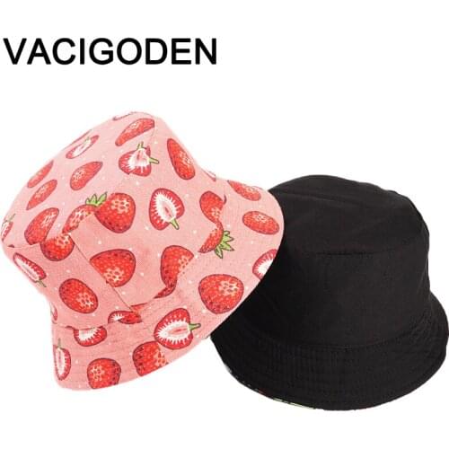 VACIGODEN Women Reversible Strawberry Printed Bucket Hat Sunbonnet Fedoras Outdoor Chapeau Fisherman Caps De Pescador Gorros
