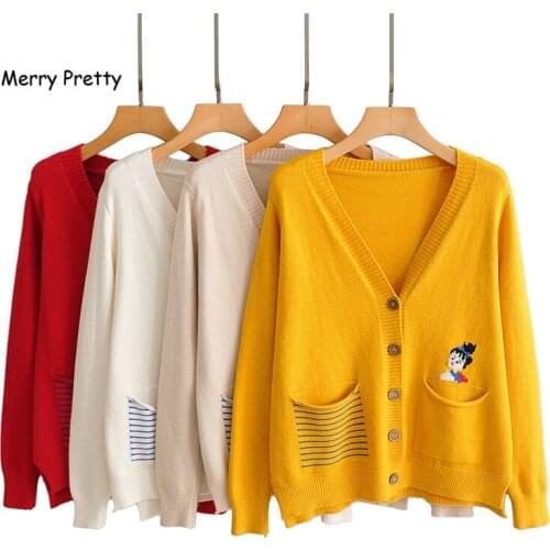 XUANHAO Women Cardigans Sweater V neck Sweet Knitwear Single Breasted Cartoon Embroidery Knit Cardigan Outwear Winter Coat