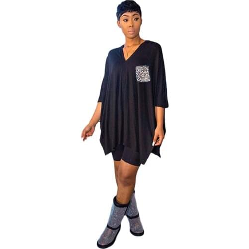 Womens Fashion Solid Color V Neck Loose Blouse and Shorts Two Piece Set