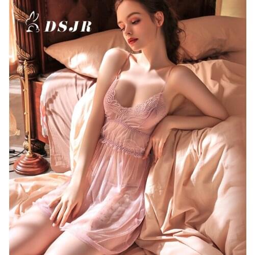 Summer USA Women New Sexy Deep V-Neck Dot Mesh Suspender Skirt See-through Nightdress Homewear Pron Red T-Back Pijamas De Mujer