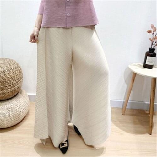 2021 Miyake Pleated Womens Straight Pants Large Size Elastic Waist Straight Pants Thin Pleated Wide Leg Pants Flared Pants