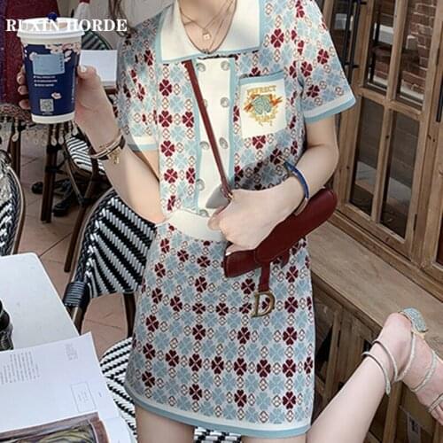 Elegant Temperament Knitted Polo Collar Commuter Retro 2021 Summer Ladies French New Fashion Flowers Beautiful Skirt Suit