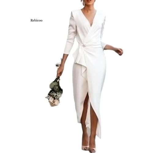 Women Long Dress Elegant Twist Drape Fashion Solid Long Sleeve Dress New Autumn Sexy V Neck Wrap Slit Party Dress Vestido