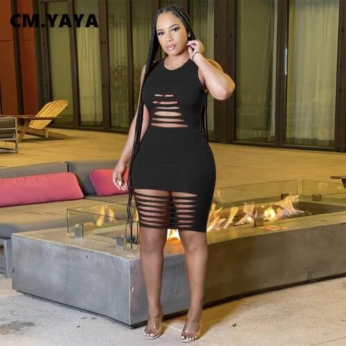 CM.YAYA Women Hole Out Sexy Sleeveless Basic Mini Dress Fashion Streetwear O-neck Bodycon Midi Summer Dresses