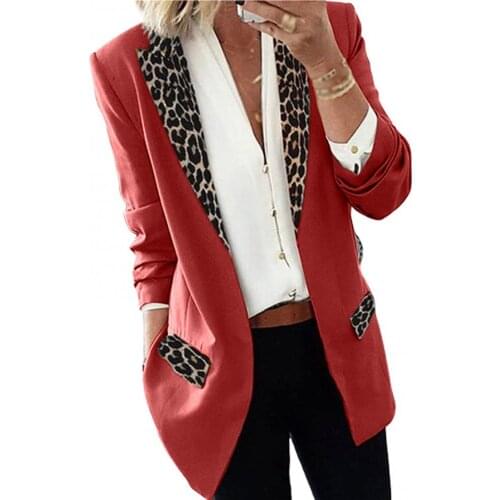 2021 Women Office Blazer Lapel Leopard Patchwork Long Sleeve Open Front Ladies Slim Long Coat Jacket