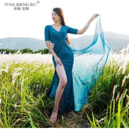 Women Belly Dance V-Neck Split Dresses Dance Practice Clothes Short Sleeve Long Skirt Costumes Dress Split Oriental Dance Wear