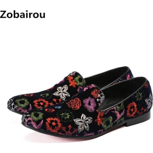 Zobairou brand mens italian leather shoes elegent floral slip on loafers print causal flats mens shoes formal wedding brogues