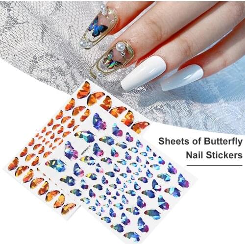 8 Sheet Color Butterfly Nail Art Stickers Holographic 3D Gradient Butterflies Adhesive Nail Decals DIY Manicure Decorations