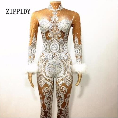 Sparkly Sexy White Lace Nude Rhinestone Female Singer Stage Wear Bodysuit One-piece Costume Glisten Stones Stretch Outfit