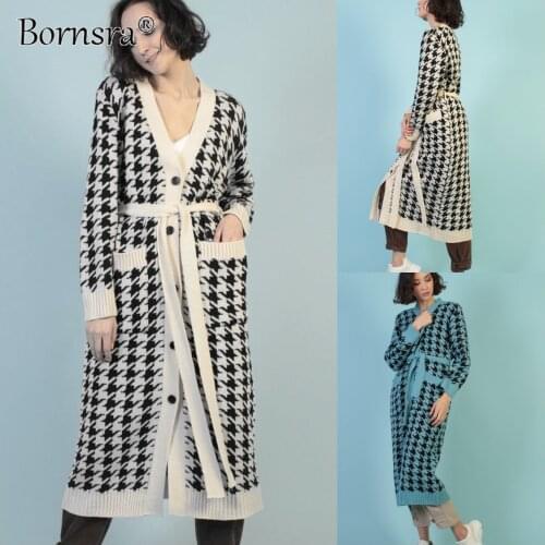 Bornsra 2021 Autumn Winter Long Cardigan Single-breasted Loose Plaid Knitted Black Jacket V-Neck Woman Plaid Cardigan Female
