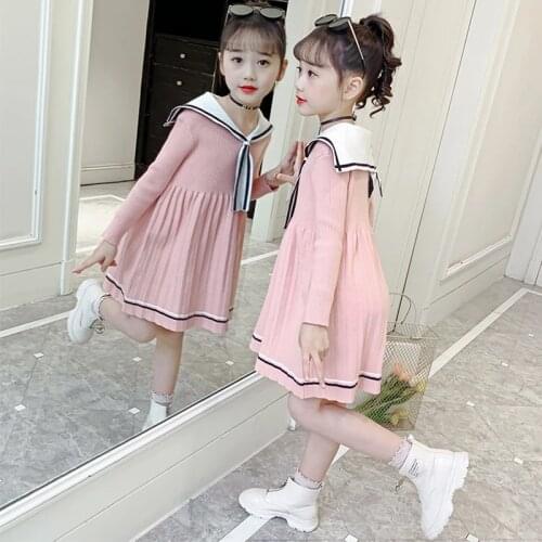 Childrens Clothing 2021 Spring Autumn Dress Up Girls Sailor Collar School Uniform Dress 3-12 Years Girls Cartoon Pleated Dress