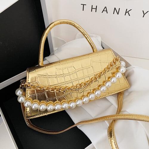 Designer Green Pearl Chain Shoulder Bags Crocodile Pattern PU Leather Crossbody Bag 2021 Luxury Brand Women Handbag Underarm Bag