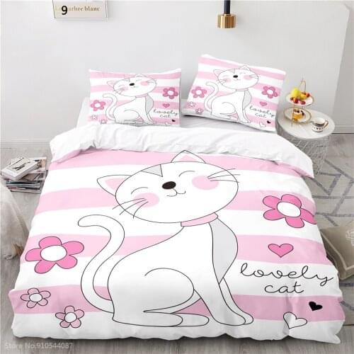 Lovely Cartoon White Cat Printed Bedding Set Children Duvet Cover Set Pillowcase Boys Girls Bedclothes Twin Queen King Bed Linen