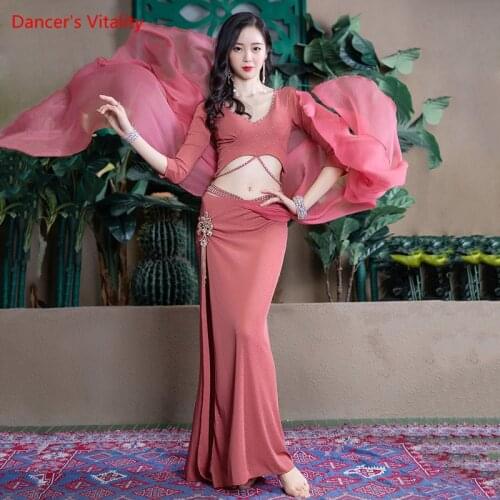 Belly Dance Suit Elegant V-neck Top Long Skirt Practice Clothes Oriental Dancing Female Adult Profession Performance Clothing